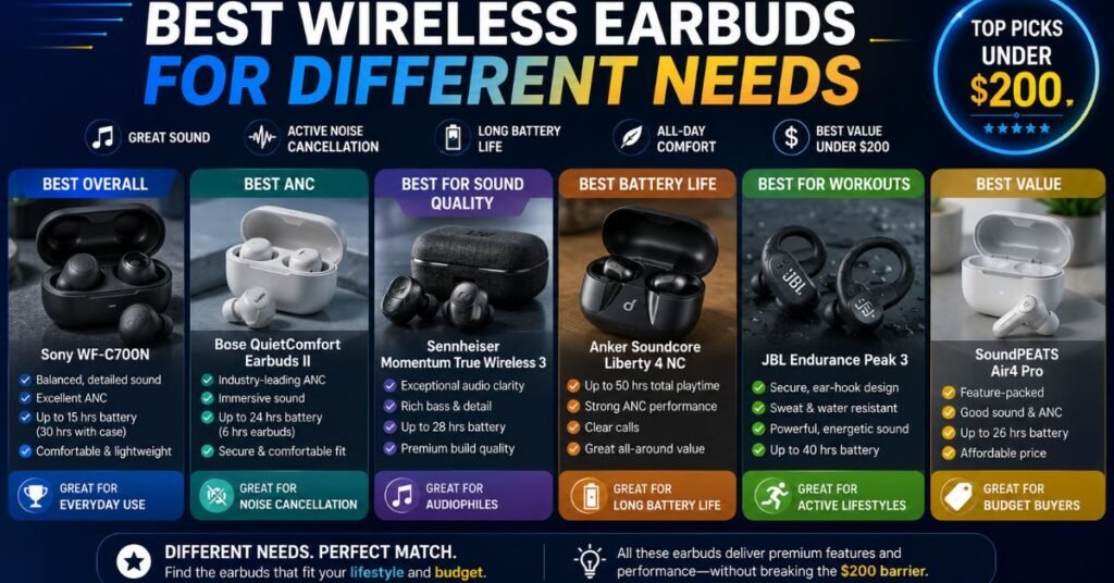 Best Wireless Earbuds Under $200 in 2026: Top Picks for Sound, ANC & Comfort 3 Best Wireless Earbuds for Different Needs